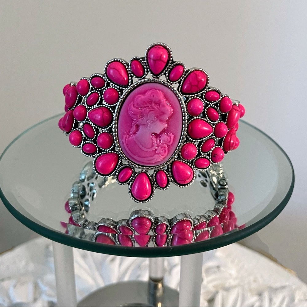 Howlite Stones Dark Pink Cameo Silver Bracelet